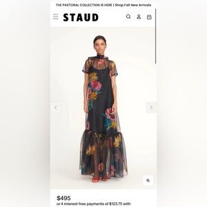 STAUD Sheer Black Maxi Dress with Vibrant Floral Design